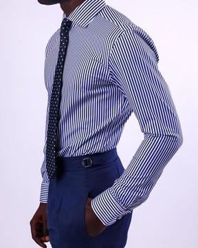 A knitted elastic, white, and blue stripe shirt.