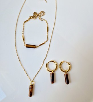 Parures œil de tigre 🤎 collier, bracelet et et boucles d'oreilles/ pierre naturelle/ Madagascar