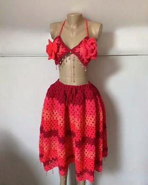 Handmade Crochet Bralette &amp; Skirt Set with Floral Detail