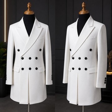 Men's White Double-Breasted Long Coat – Peak Lapel Wool Overcoat with Black Buttons