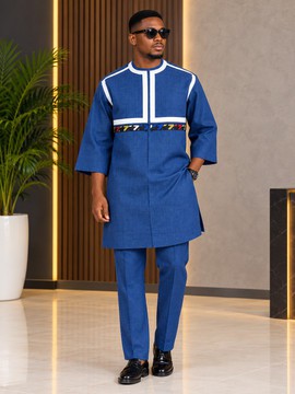 Tenue Senator bleue pour homme – Ensemble 2 pièces colorblock avec haut à bordure décorative et pantalon
