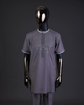 A fossil grey, front flap with crystal Swarovski button, world map embroidery detailing kaftan