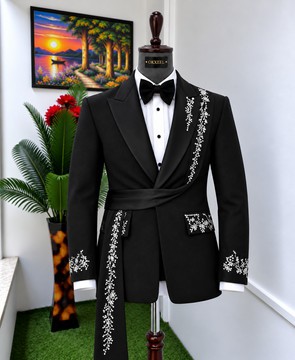 Costume de smoking OKXEEL noir et argenté avec perles