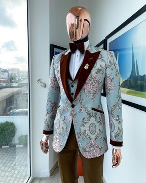 A pistachio green,pink &amp; brown floral metallic jacquard tuxedo suit
