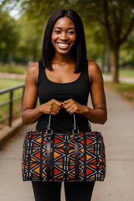 African Leather Bag for Travel Bogolan Geometric Pattern