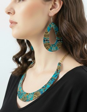 Ensemble Bijoux "Graphique Chic" – Collier et Boucles d’Oreilles Motif Tribal bleu