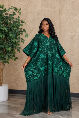 Emerald Green Floral Brocade Bubu Dress with Long Fringe Detail