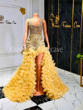 Embellished dress with tulle train, prom dress wedding dresses, engagement and evening gown
