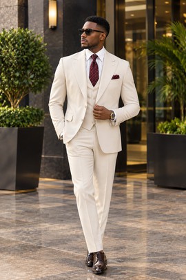Costume 3 pièces pour homme crème/beige – Veste à revers en pointe coupe classique, gilet et pantalon