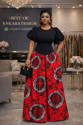 Ensemble haut en crêpe de luxe et jupe maxi Ankara – Tenue africaine élégante pour femme (rouge ou bleu sarcelle)