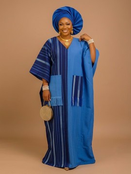 Elegant Two-Tone Blue Aso Oke Handwoven Kaftan Boubou Dress with Matching Auto Gele(Headtie)
