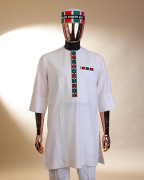 A white , LP ( Labour Party ) pattern embroidery, 3/4 sleeve kaftan native.