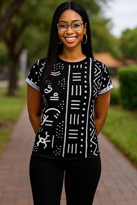 T-shirt classique pour femme à imprimé bogolan - Noir et blanc