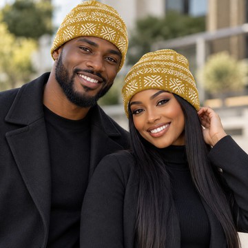 African Ethnic Tribal Gold Cuffed Beanie Knitted Hat | Afrocentric Accessory | Bynelo