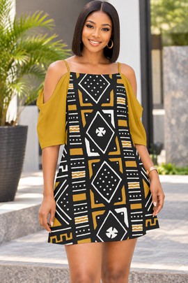 Ancient Mudcloth Bogolan Women's Off-Shoulder Cami Dress | African Print Fashion | Bynelo