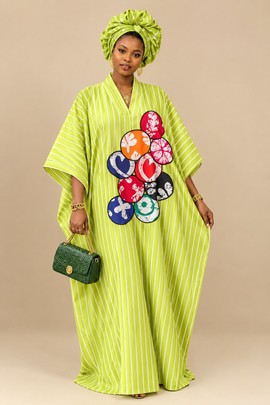 Lime Green Striped African Kaftan Gown with Multicolour Appliqué and Matching Gele
