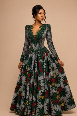 Green Floral Ankara Flare Dress for Women – Long Sleeve African Print Midi Gown
