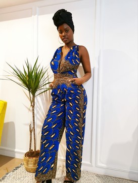 JUMPSUIT Suspender blue peacock feathers