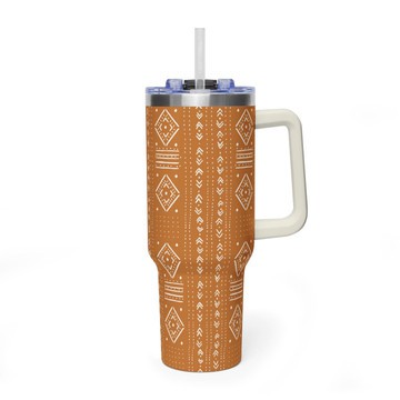Brown and White Bogolan Mud Cloth Tumbler | 40oz Stanley Style Stainless Steel Insulated Travel Mug