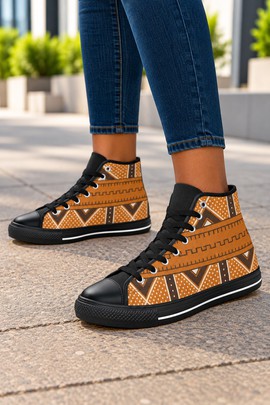 Orange Dotted Chevron Mudcloth print Women's Classic High Top Canvas Shoes | African Sneakers