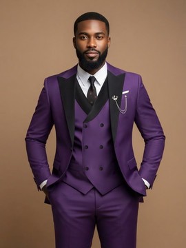 Costume trois pièces violet avec revers en pointe noirs