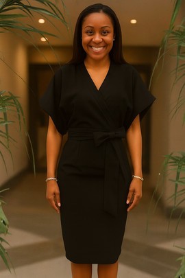 Faux Kimono Style Wrap Dress Classic Black with Waist Belt - Black
