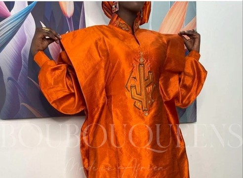 African Boubou dress for women "Sira" Orange in glazed linen — With scarf