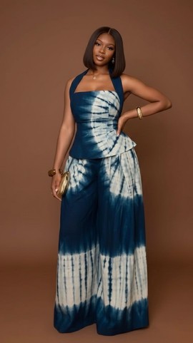 Elegant Blue Tie-Dye Two-Piece Set for Women – Halter Peplum Top &amp; Wide Leg Palazzo Pants