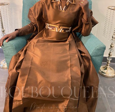 African Boubou Dress for Women "Aicha" Bronze Shantung Fabric — With Scarf