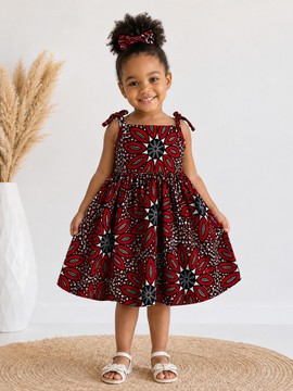 Robe enfant en wax, bandeau et chouchou – Modèle bogolan rouge
