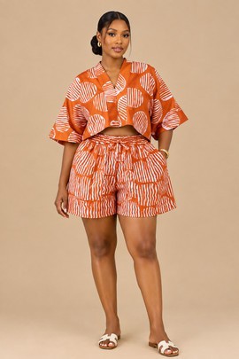 Women’s Orange African Print Two-Piece Crop Top and Shorts Set