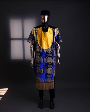 An “Isiagba” gold, blue with matching fringe details, short sleeve top &amp; velvet pant African Native