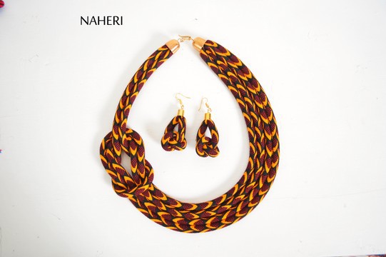 African tribal print rope necklace and earrings set. Ankara print fabric jewelry