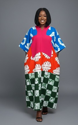 Robe maxi éclatante à motifs variés avec des motifs de feuilles