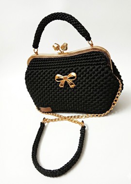 Black crochet kiss-lock evening bag — gold bow, chain strap &amp; frame