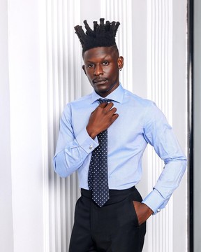 A Skye blue, cut-away collar business shirt.