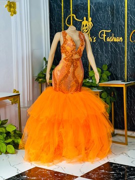 Robe de bal en dentelle sirène orange, vêtements pour femmes africaines, robe longue, robes de bal