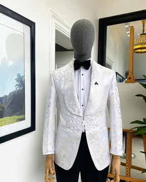 An Ivory white &amp; Silver shawl lapel floral jacquard suit
