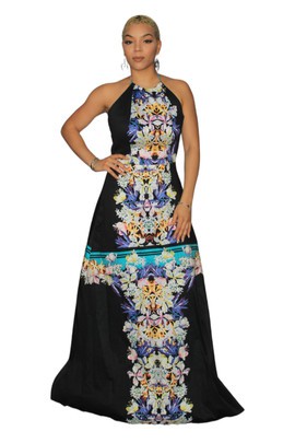 Floral Print Halter Maxi Dress, Flare Dress, African Print Womens Dress.