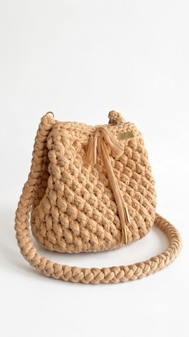 Beige Crochet Bucket Bag – Handwoven Crossbody with Braided Strap