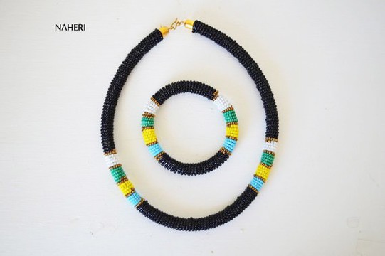 African Maasai Beaded Necklace | Black Zulu necklace with matching bracelet