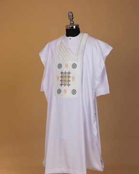 A White, rings, merchant head &amp; interconnected star metallic wire embroidery Agbada