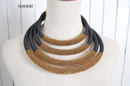 African inspired beaded layered necklace set | Handmade black tribal neck piece