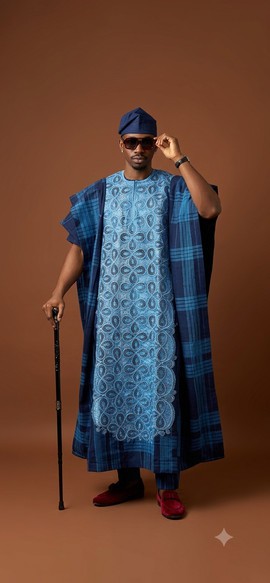 Regal Sky Blue Lace Agbada with Navy Check Pattern