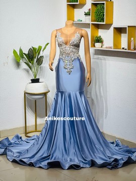 sky blue sequin prom dress, African clothing for women, prom dress