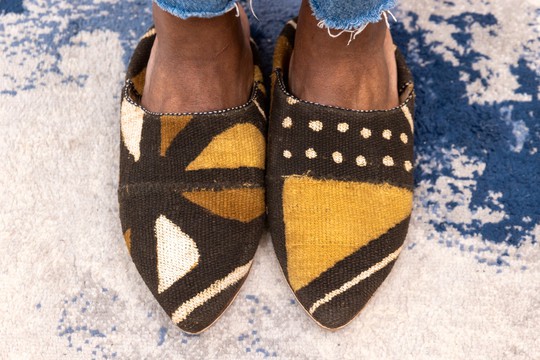 Brown Bogolan &amp; Leather Slippers