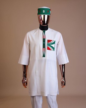A white , PDP (People Democratic Party) pattern embroidery, 3/4 sleeve kaftan native.