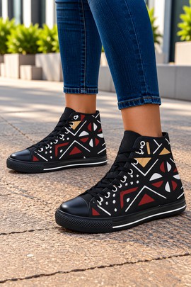 Tribal Bogolan Women's Classic High Top Canvas Shoes Purple | African Mudcloth High Top Sneakers