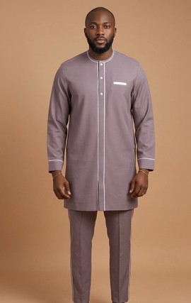 Ensemble sénateur mauve bordé de blanc – Tunique homme à manches longues et pantalon ajusté, 2 pièces