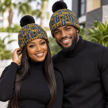 Tribal Kente Print Knitted Hat With Pom-Pom | Kente Fashion Accessory | Bynelo